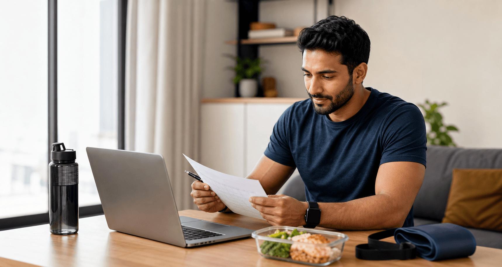 A fitness and nutrition coach reviewing a client plan beside a laptop and meal prep bowl.